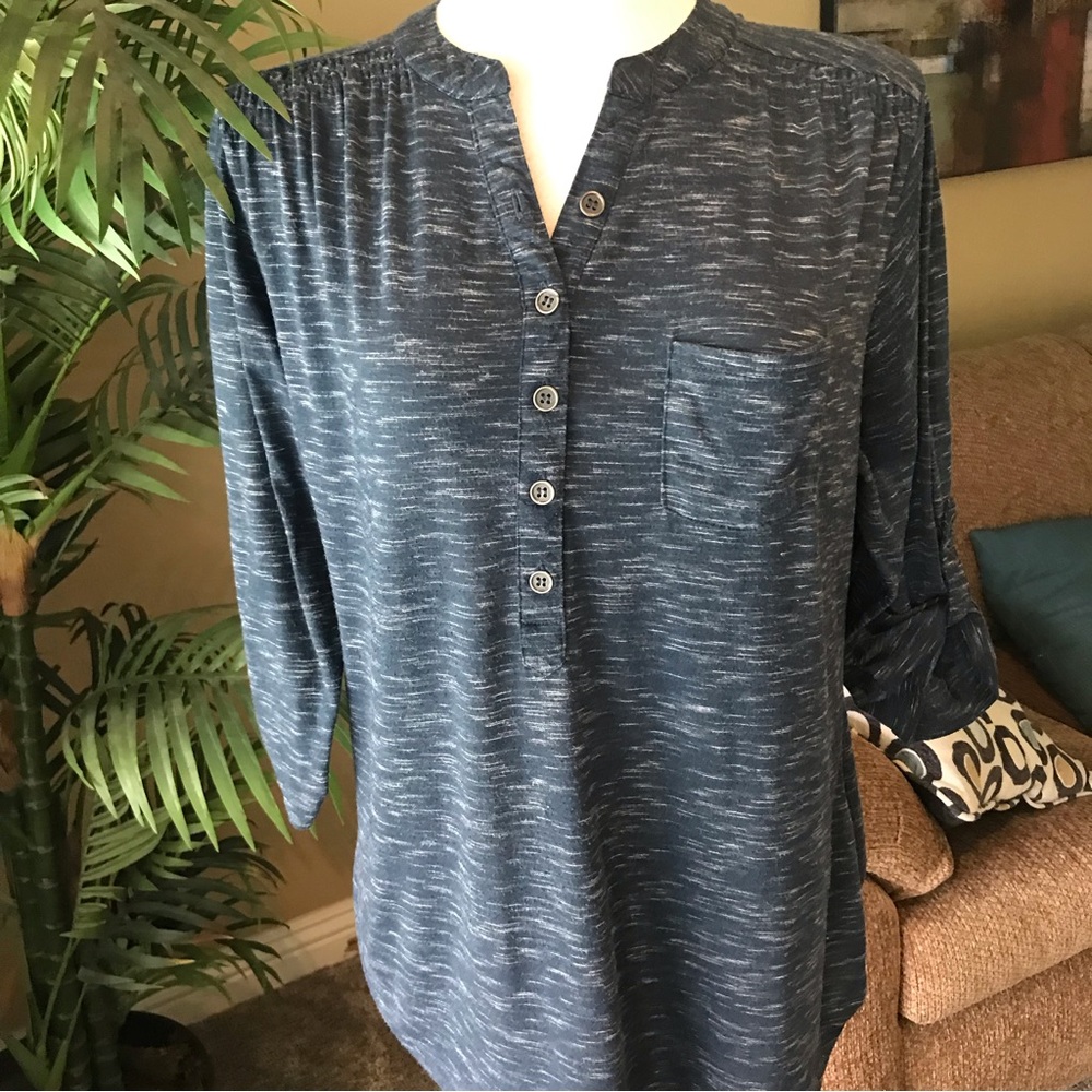 Avenue plus size half button down pull tab sleeves top